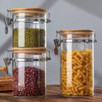 ⁦برطمان زجاج غطاء خشب مزود بقفل معدن لأحكام الغلق منظم للتوابل والبقوليات والمكسرات لتر⁩ - الصورة ⁦7⁩