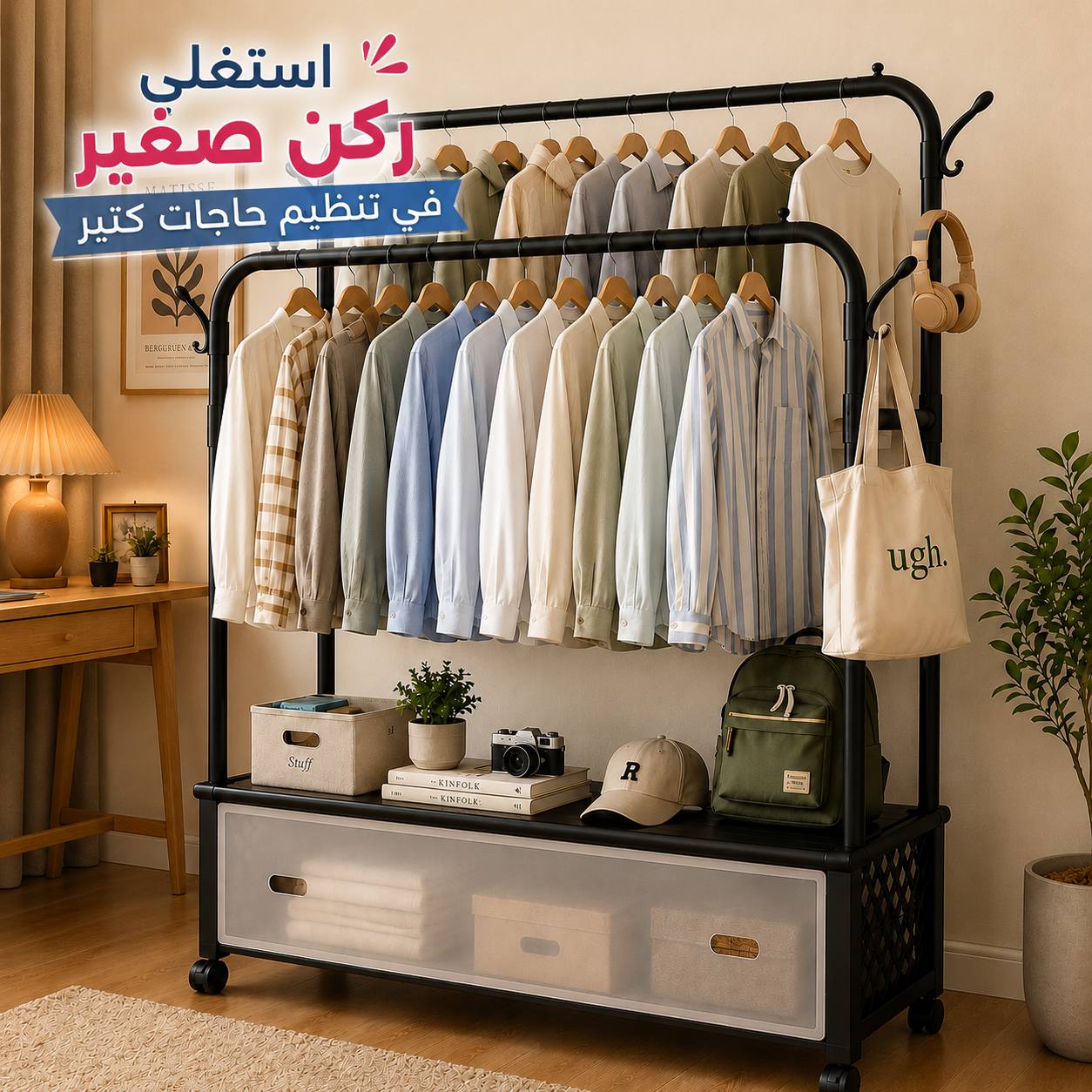 ستاند-ملابس-مزدوج-مزود-بعجلات-مع-وحدة-تخزين-مغطاة-و4-هوك-لتعليق-الشنط_All_28966_8.jpeg ستاند ملابس مزدوج مزود بعجلات مع وحدة تخزين مغطاة و4 هوك لتعليق الشنط - الصورة 1