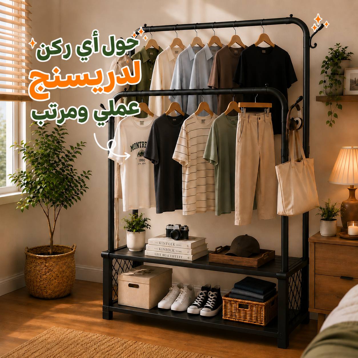 ستاند-ملابس-مزدوج-مع-رفين-للتخزين-و4-هوك-لتعليق-الشنط_All_28965_8.jpeg ستاند ملابس مزدوج مع رفين للتخزين و4 هوك لتعليق الشنط - الصورة 1